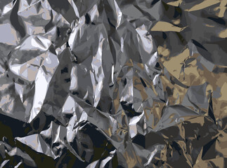 Metallic foil texture. Metallic background. Metal glittering, crushed, glister surface, backdrop. Crumpled texture. Reflective surface. Folded, rumpled or creased background. Vector illustration