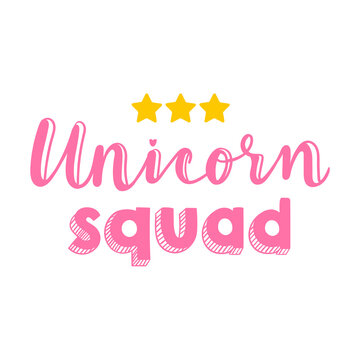 Unicorn squad vector lettering. Pink unicorn theme poster for girls. Cute interior poster design. 