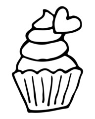 Cute cake with heart in doodle style isolated on white. Design element. Vector