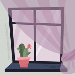 Window with cactus in pots on windowsill. Vector flat cartoon illustration. Cute cozy window with houseplant and curtain