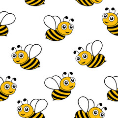 Seamless bee pattern. Honey bees flying on white background. Happy bumblebee insect texture. Vector cute illustration