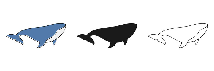 Obraz premium Whales animals collection. Sperm whales in different poses set. Group of ocean animals. Vector isolated on white.
