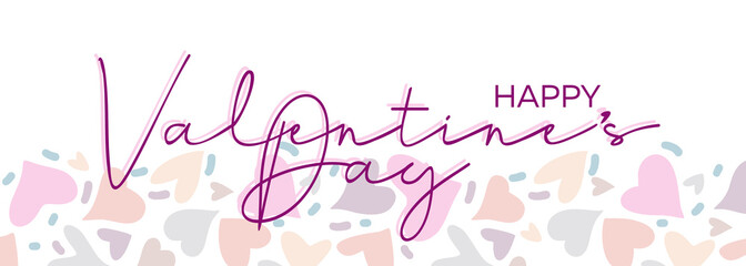 Poster "Happy Valentine's Day" with handwritten text and hearts highlighted on a white background. Poster in soft pink colors.