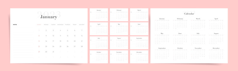 Minimal 2023 calendar design. Week starts on Sunday. Editable clean and elegant calendar page template. Place for notes. Minimalist trendy design for desktop design calendar planner. Set of 12 months	