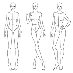 Fashion models posing. Nine head fashion figure templates. Beautiful slim women sketch, vector illustration.