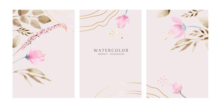 Abstract watercolor art background in pastel powder, gold and pink colors. Botanical minimal style wallpaper with flowers and leaves, Organic shapes watercolor. Background for banner, poster