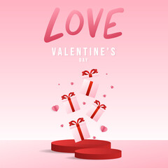 Red podium with gift in Valentine's Day on pink background , Flat Modern design , illustration Vector EPS 10