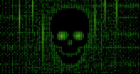 skull in the digital matrix on the BCD stream on the screen. computer matrix numbers. © Higher than clouds