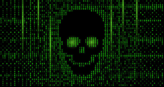 skull in the digital matrix on the BCD stream on the screen. computer matrix numbers.