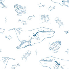 Seamless pattern with whale and under water creatures