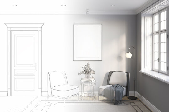 A sketch becomes a real room with a blank vertical poster on a gray wall between a classic door and a window, a vase of flowers on a coffee table next to armchairs, and a lamp. Front view. 3d render