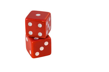 Two red dice stacked one on top of the other. Cut on a white background without a shadow. Blank for the designer.