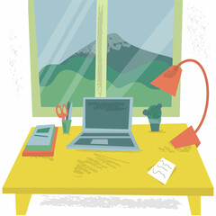 Modern home office workplace near window with landscape. Interior with desk, plants, notebook, laptop, documents, books. Interior for freelancer