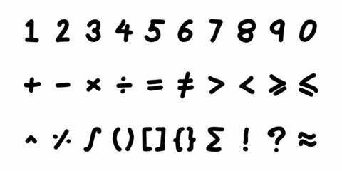 Black color handwriting of number and mathematics symbol on white background - obrazy, fototapety, plakaty