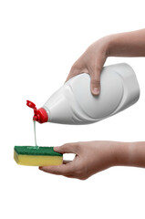 One hand holding a bottle with spilling dishwashing liquid, the other hand holding a sponge...