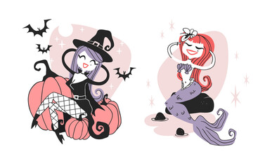 Hand drawn Retro illustration Halloween Characters. Creative Cartoon art work. Actual vector drawing Holiday Witch and Mermaid. Artistic isolated Vintage Person