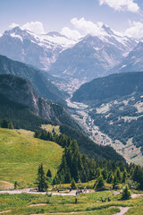 Fototapeta na wymiar View on mountain peaks like the Monch and Jungfraujoch covered in snow with summer in the valley 