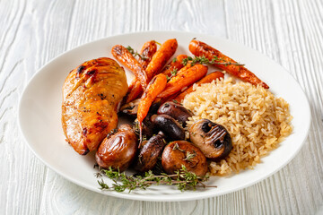 Restaurant meal of grilled chicken, close-up