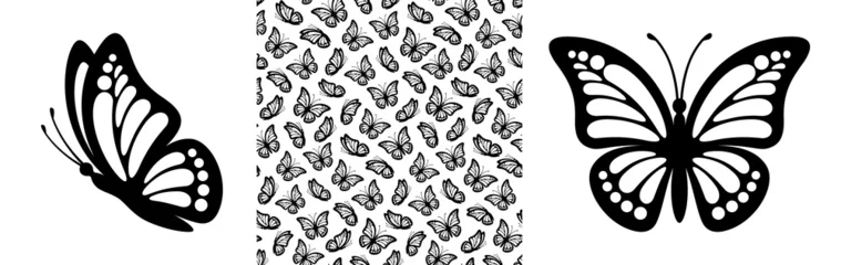 Foto op Plexiglas Abstract modern seamless pattern of monarch butterfly contours on white background for decoration design. Closeup design element black butterfly. Side view vector icon © Deviser