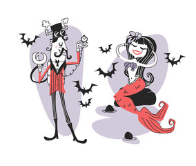 Hand drawn Retro illustration Halloween Characters. Creative Cartoon art work. Actual vector drawing Holiday Steampunk man and Mermaid. Artistic isolated Vintage Person