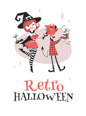 Hand drawn Retro illustration Halloween Characters. Creative Cartoon art work. Actual vector drawing Holiday People. Artistic isolated Vintage Person: Witch and Devil