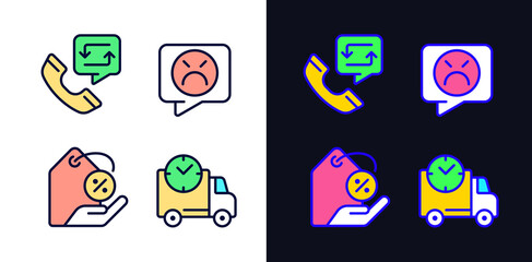 Customer help pixel perfect light and dark theme color icons set. Electronic commerce. Customer negative review. Simple filled line drawings. Bright cliparts on white and black. Editable stroke