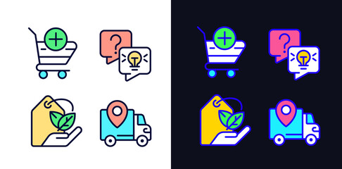 Online shopping services pixel perfect light and dark theme color icons set. Delivery regions. Ecofriendly product. Simple filled line drawings. Bright cliparts on white and black. Editable stroke