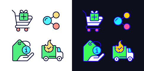 Buying products on internet pixel perfect light and dark theme color icons set. Express delivery. Product description. Simple filled line drawings. Bright cliparts on white and black. Editable stroke