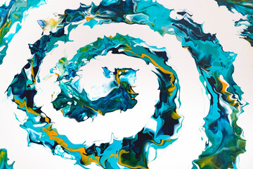 Spiral of dark blue, turquoise, orange colors on a white background. Abstract colorful painting with liquid acrylic on canvas. 