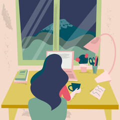Freelancer woman is sitting in front of windows with landscape. View from the window front of workplace. Cartoon flat illustration