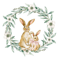 Watercolor illustration easter card with bunnies, flowers, leaves wreath. Isolated on white background. Hand drawn clipart. Perfect for card, postcard, tags, invitation, printing, wrapping.