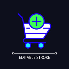 Shopping cart pixel perfect RGB color icon for dark theme. Selected items in basket. Website interface. Simple filled line drawing on night mode background. Editable stroke. Arial font used