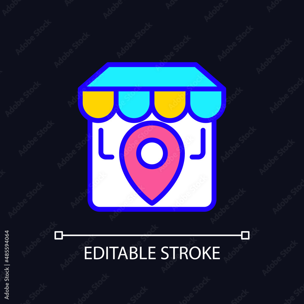 Poster store location pixel perfect rgb color icon for dark theme. shop position. website information. mark