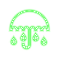 Green neon umbrella with raindrops isolated on white