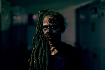 Front view shot of young woman wearing zombie FX make up and looking at camera in dark room, copy...