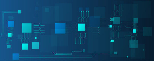 Fototapeta na wymiar circuit board and chip computer electronic or electrical line on blue engineering technology concept vector panorama background