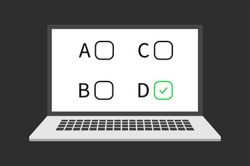 Online form survey on computer vector illustration, flat cartoon desktop pc showing exam paper sheet document icon