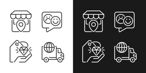 Shopping pixel perfect linear icons set for dark, light mode. Worldwide delivery. Store location. Electronic commerce. Thin line symbols for night, day theme. Isolated illustrations. Editable stroke