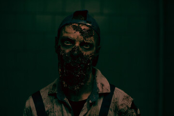 Front view shot of gory zombie with disfigured face looking at camera in dark horror setting, copy...