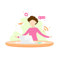 Vector creative young man design, Young man talking with laptop on table.