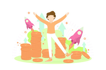 Vector creative young man design, Young man success of coin trade price with rocket flying.