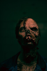 Vertical shot of male zombie with scary face in dark setting, FX make up