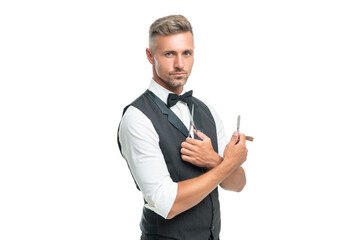 grizzled man hairdresser with razor blade and scissors in bow tie isolated on white background