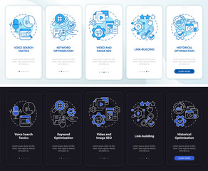 SEO marketing trends night and day mode onboarding mobile app screen. Walkthrough 5 steps graphic instructions pages with linear concepts. UI, UX, GUI template. Myriad Pro-Bold, Regular fonts used