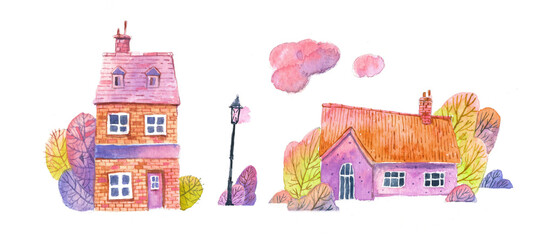 Naklejka premium A set of watercolor elements of the morning city, houses, trees, clouds in a childish style.