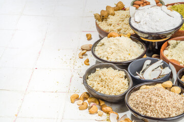 Alternative nut flour. Various keto paleo gluten, grain free flour source set, natural nut-based vegan baking. Almond, coconut, brazil nut, macadamia, walnut, cashew, pistachio, hazelnut, peanut flour