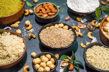 Alternative nut flour. Various keto paleo gluten, grain free flour source set, natural nut-based vegan baking. Almond, coconut, brazil nut, macadamia, walnut, cashew, pistachio, hazelnut, peanut flour