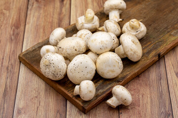 Organic mushrooms on a wooden background. Cultivated mushroom or portabello mushroom