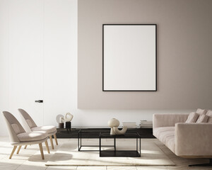 mock up poster frame in modern interior background, living room, Scandinavian style, 3D render, 3D illustration