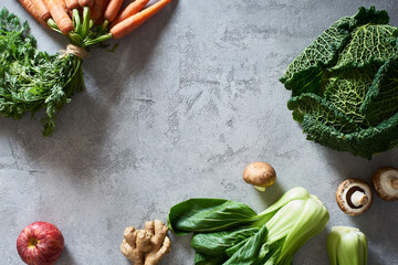 Top view fruit and vegetables composition